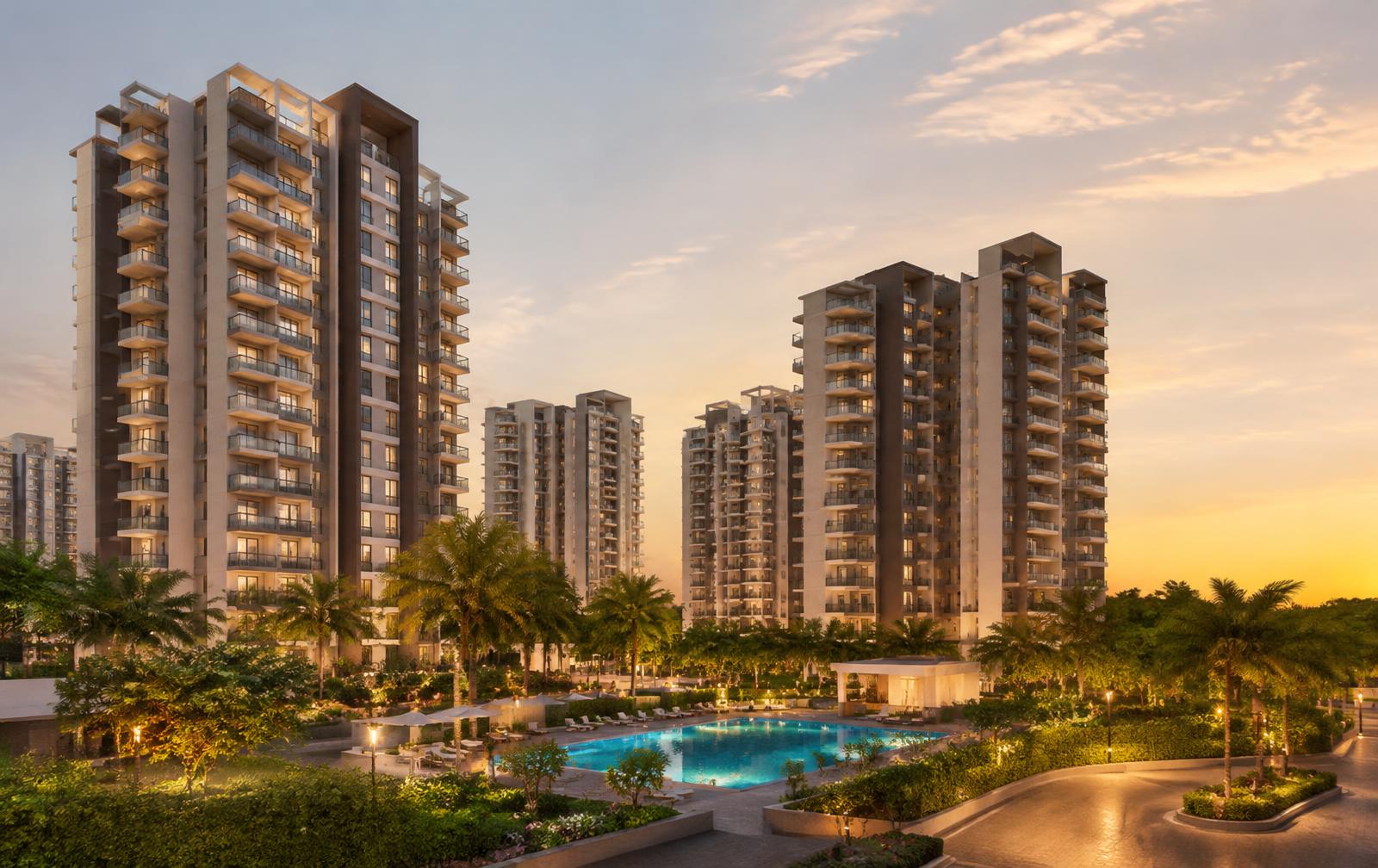 Modern gated apartment community in Bengaluru at sunset